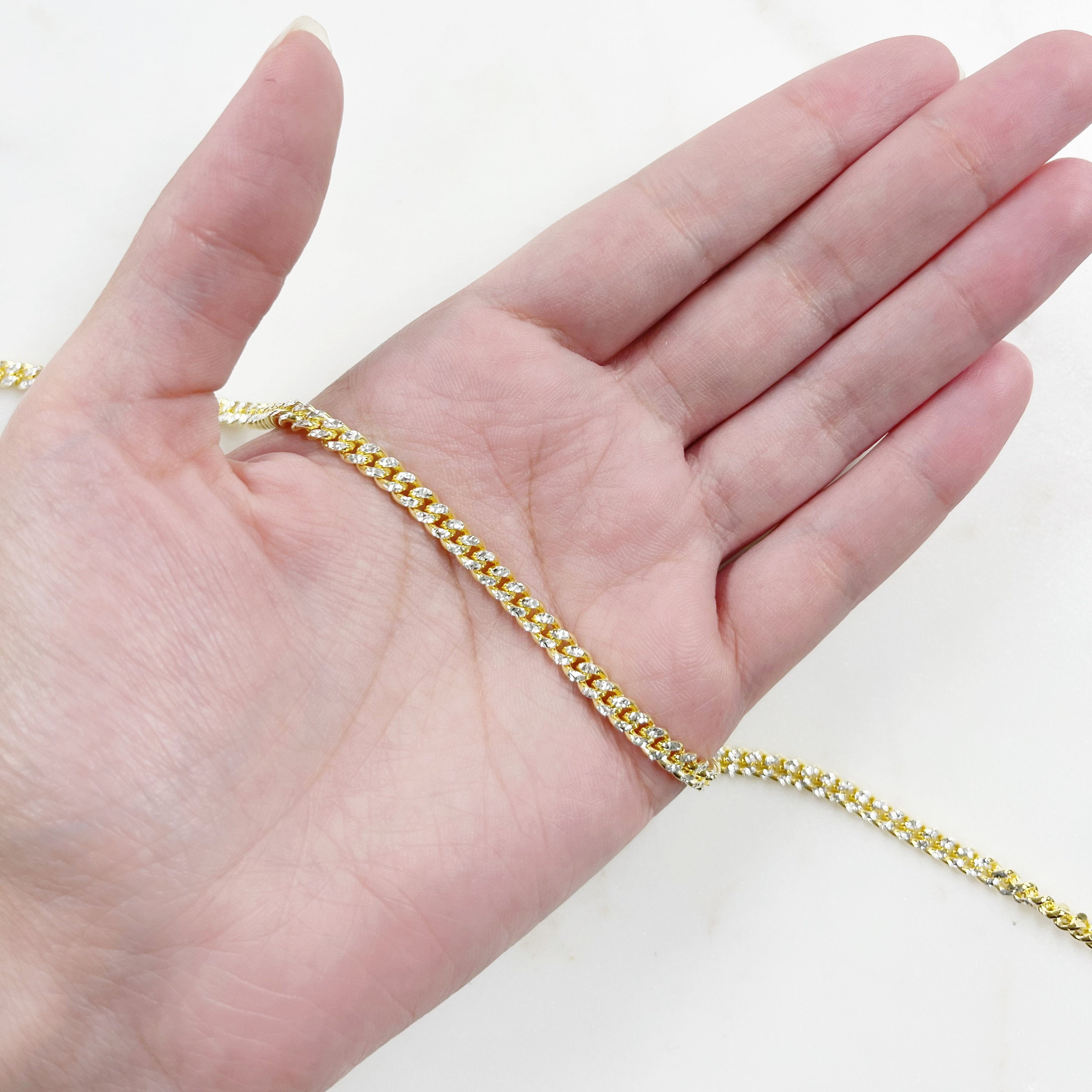 4mmx4mm Vermeil Gold Two Tone Flat Diamond Cut Curb Chain – Sold by the Foot