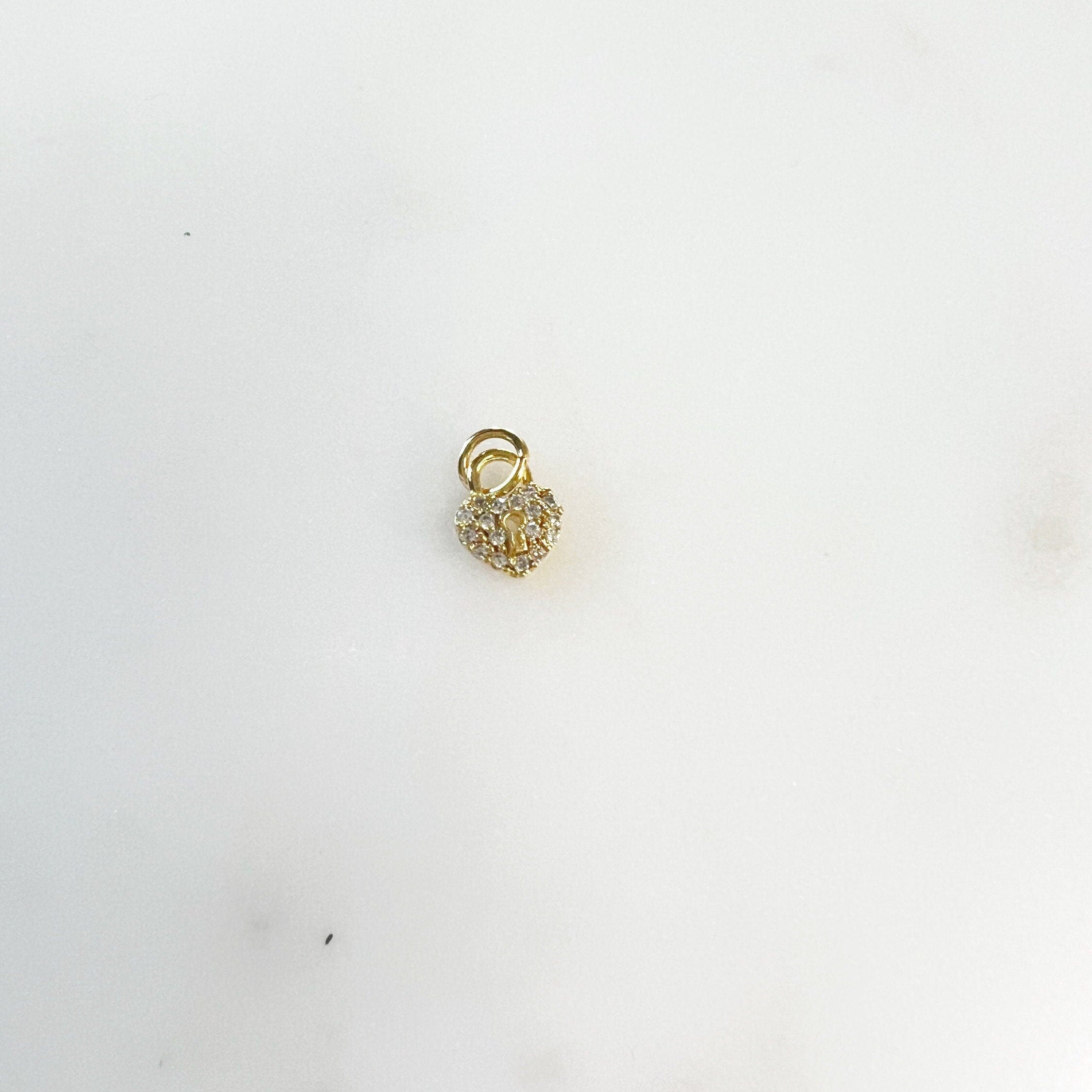 Gold Plated Teeny Tiny CZ Heart Shaped Pad Lock Charm with Jumpring