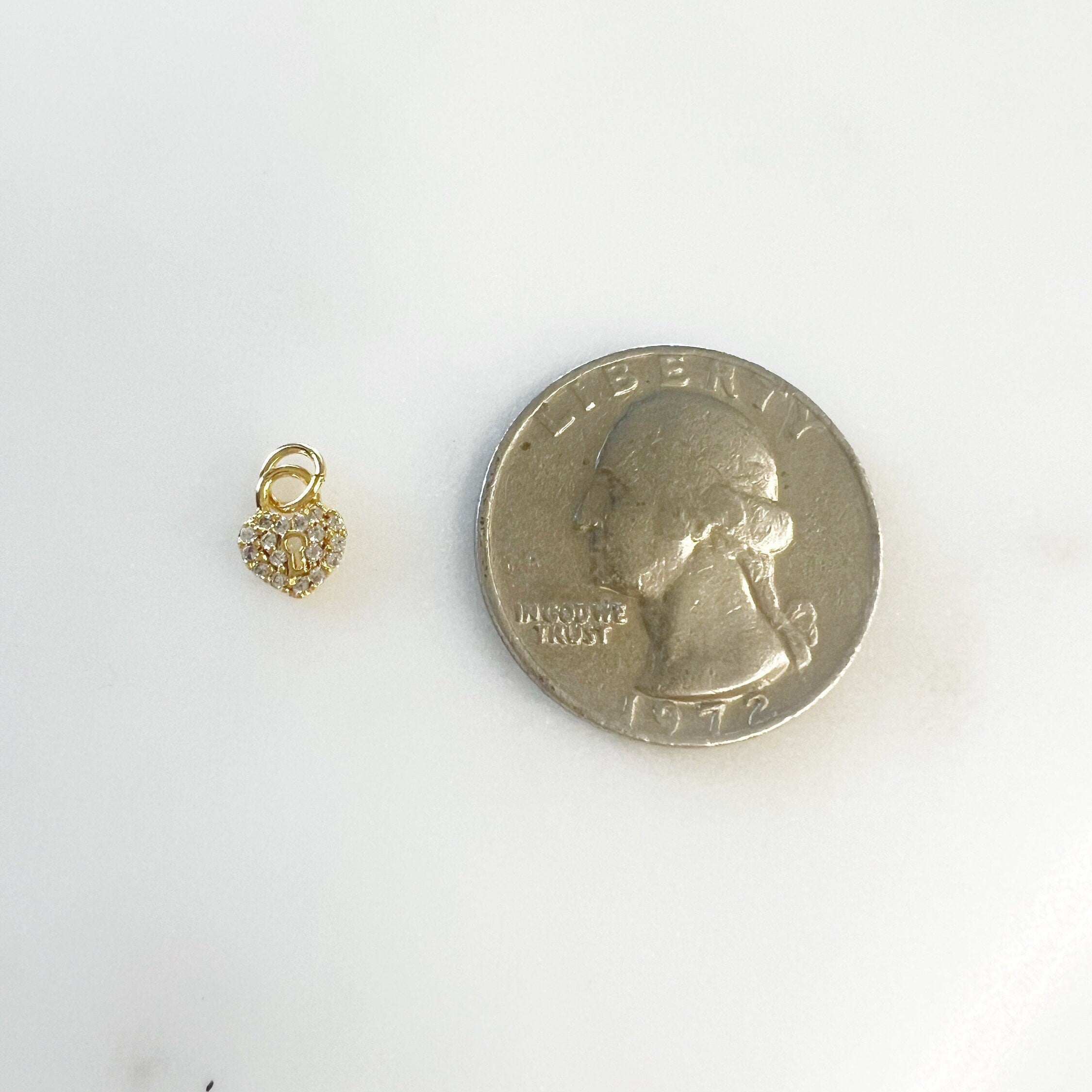 Gold Plated Teeny Tiny CZ Heart Shaped Pad Lock Charm with Jumpring