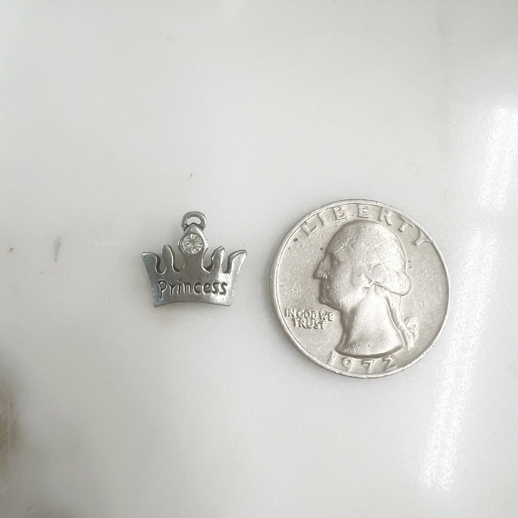 Pewter Small Crown Charm with "Princess" Engraved Attached (2pc)