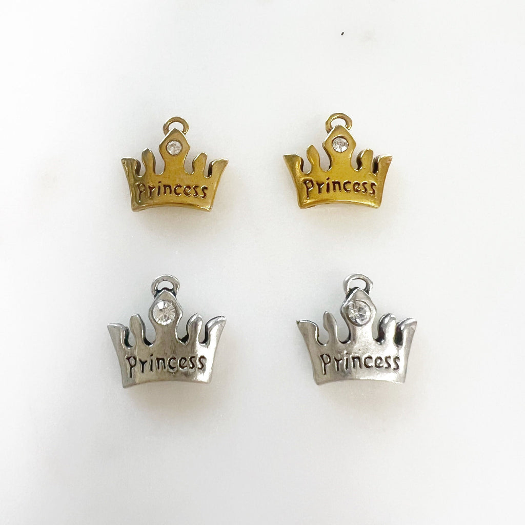 Pewter Small Crown Charm with "Princess" Engraved Attached (2pc)