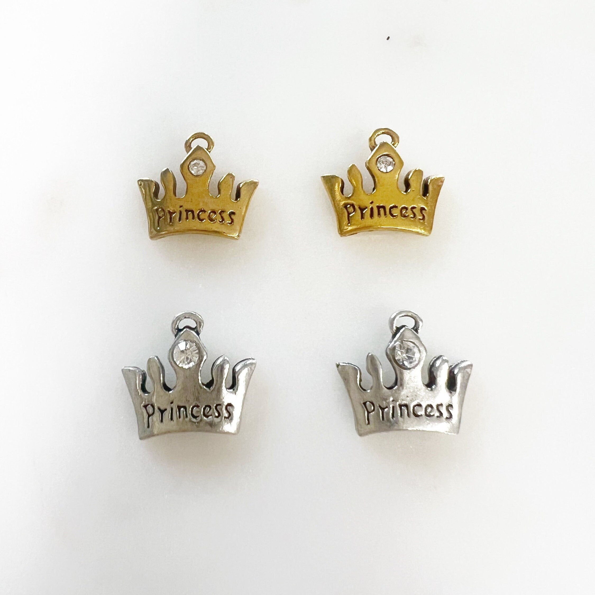 Pewter Small Crown Charm with "Princess" Engraved Attached (2pc)