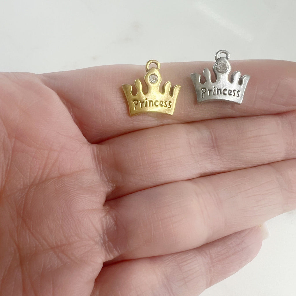 Pewter Small Crown Charm with "Princess" Engraved Attached (2pc)