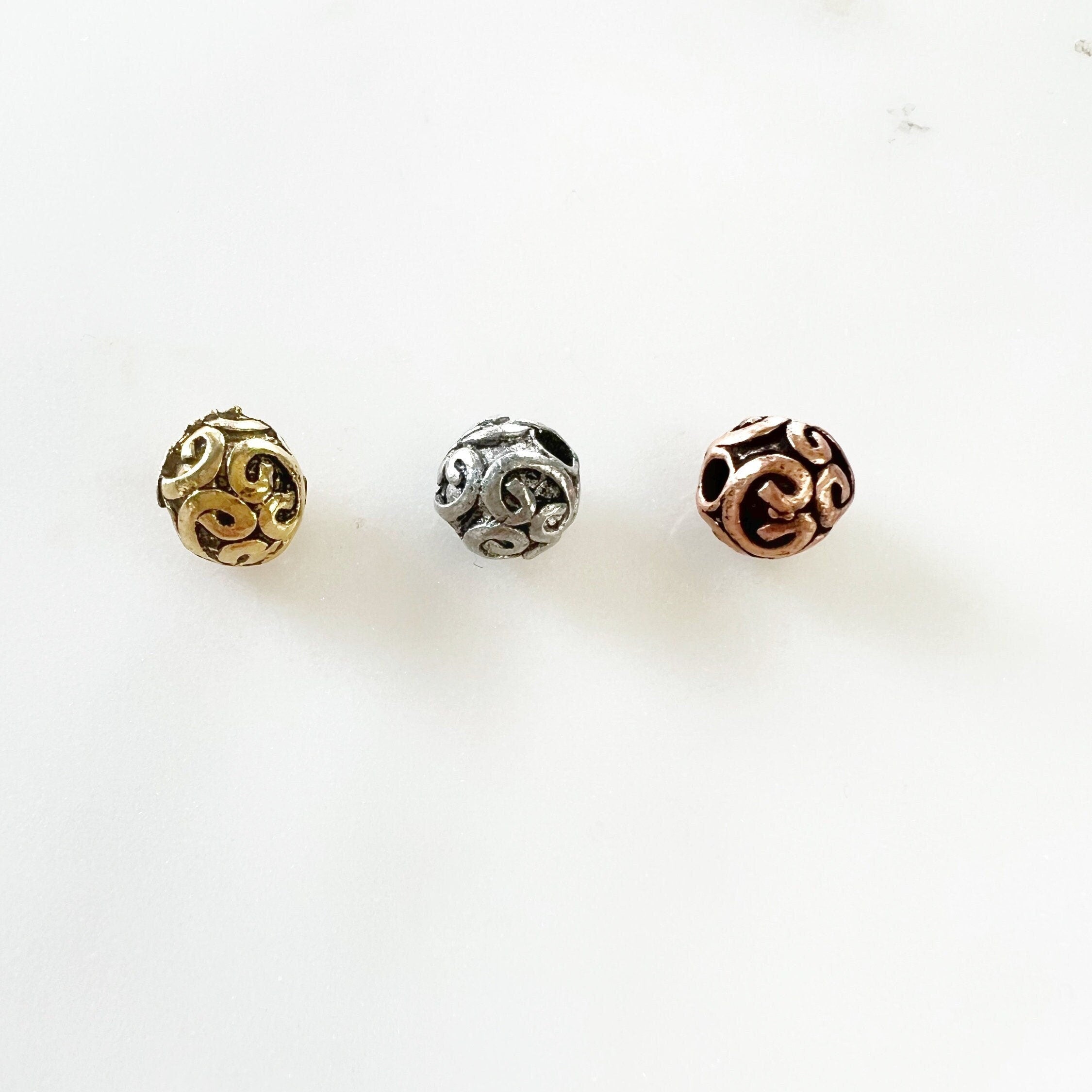 Pewter Decorative Small Swirl Detail Metal Round Beads (2pc)