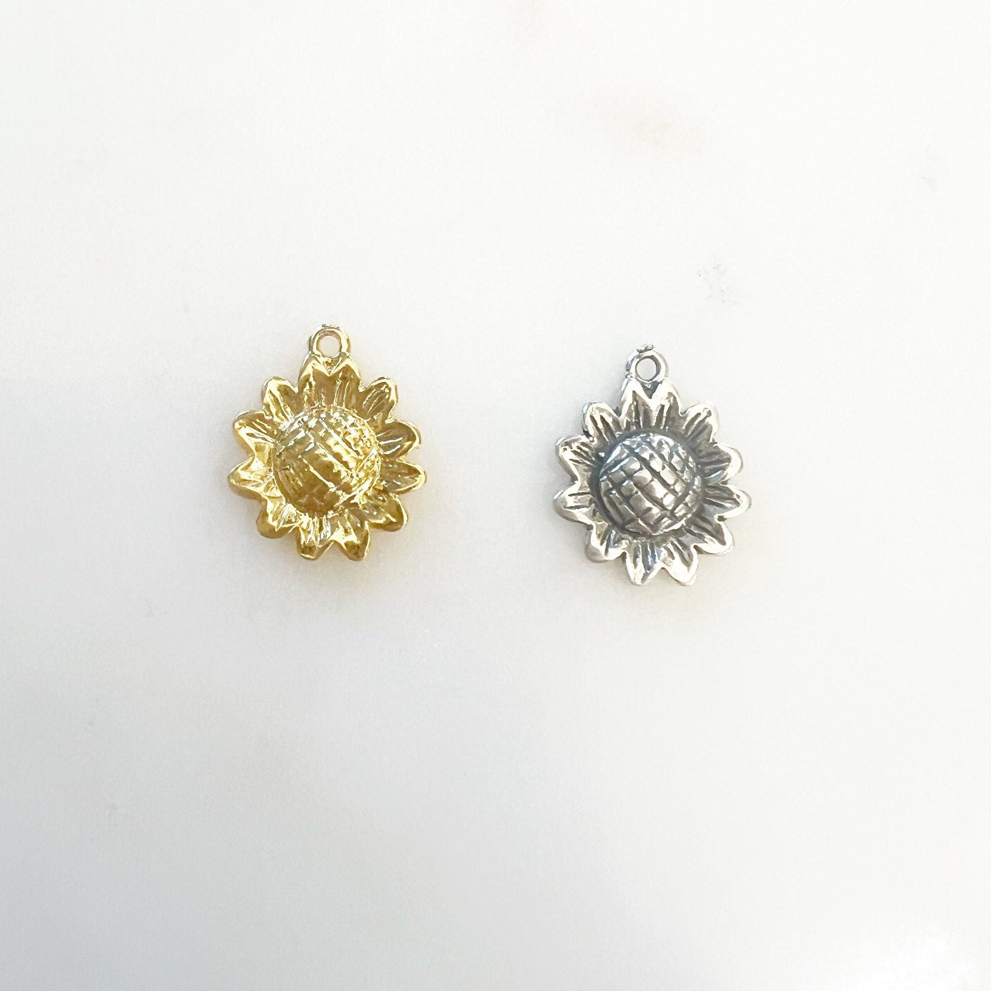 Sterling Silver or Vermeil Detailed Small Flat Sunflower Charm Pendant Nature