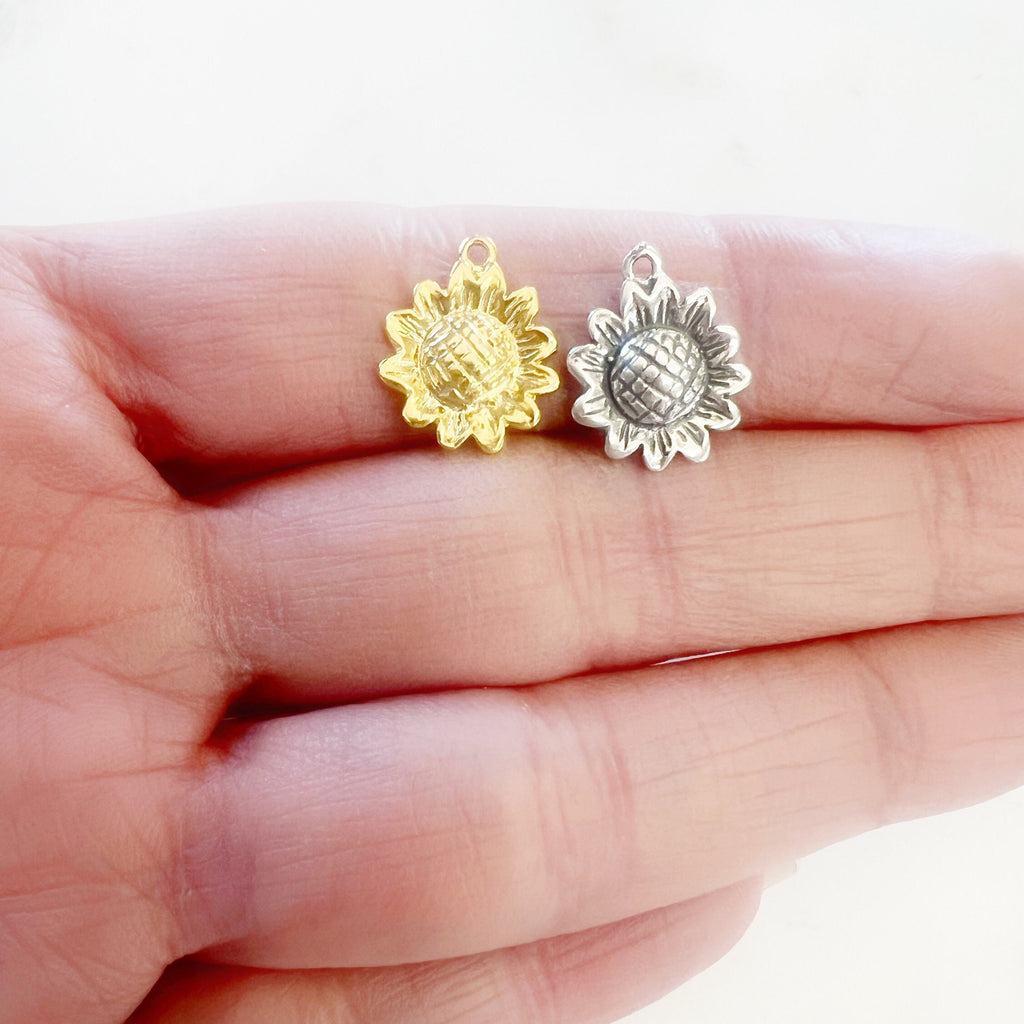 Sterling Silver or Vermeil Detailed Small Flat Sunflower Charm Pendant Nature