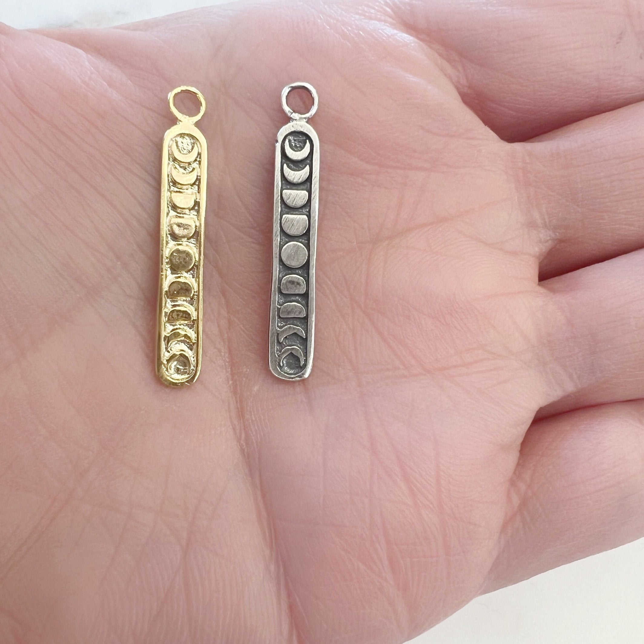 Sterling Silver or Vermeil Long Bar Moon Phases Design Modern Pendant