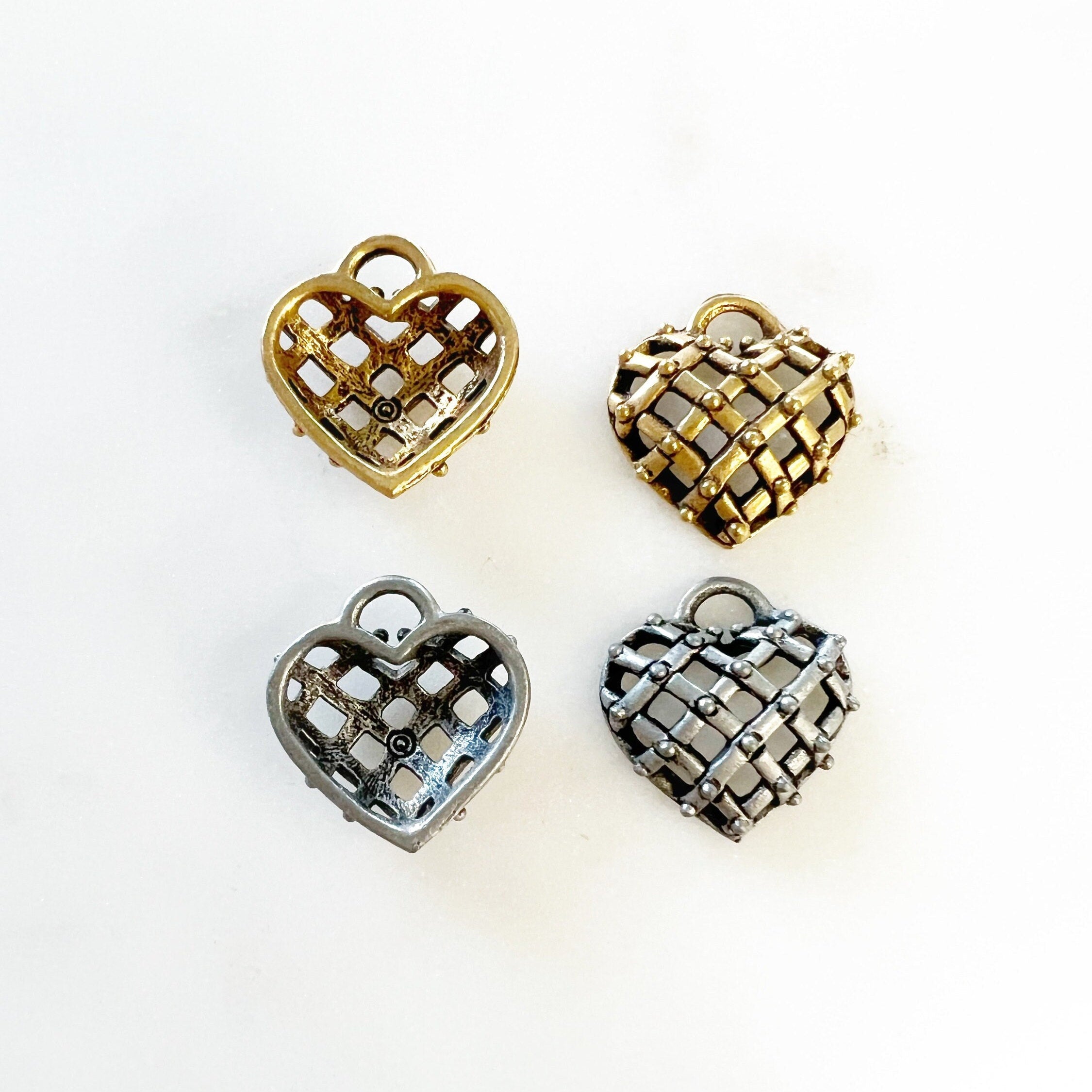 Pewter Basket Weave Style Heart with Tiny Dots Hollow Domed