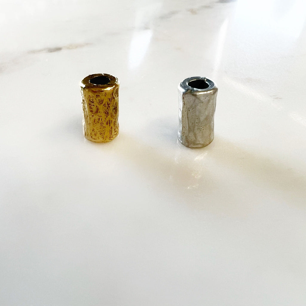 Pewter Small Long 12mm Cylinder Barrel Shape Hammered Textured