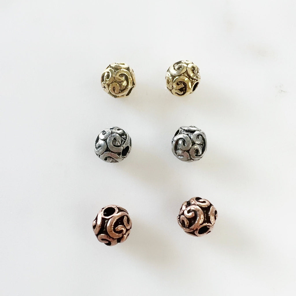 Pewter Decorative Small Swirl Detail Metal Round Beads (2pc)