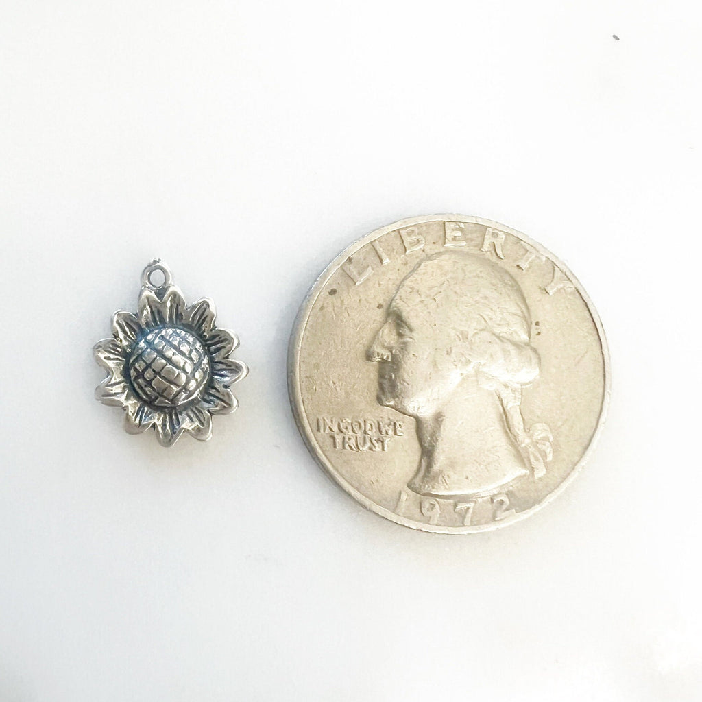 Sterling Silver or Vermeil Detailed Small Flat Sunflower Charm Pendant Nature