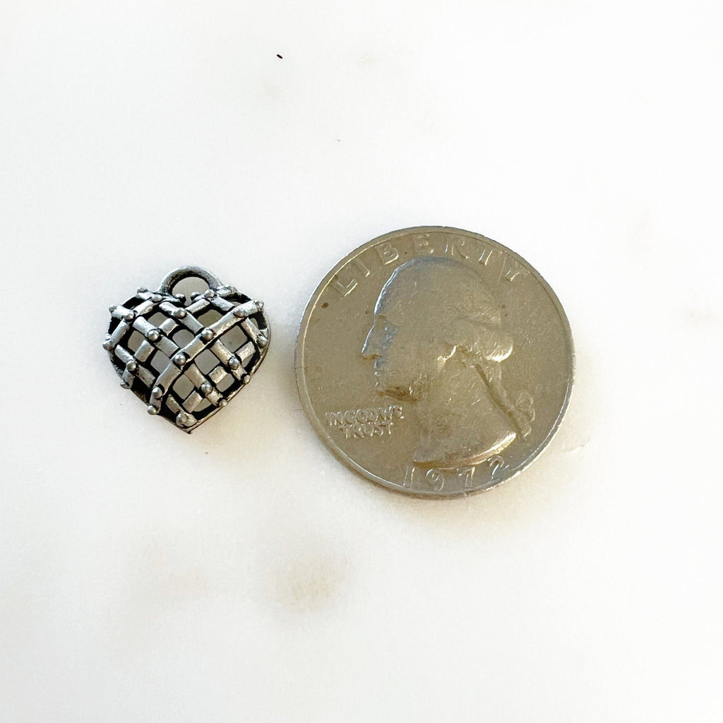 Pewter Basket Weave Style Heart with Tiny Dots Hollow Domed
