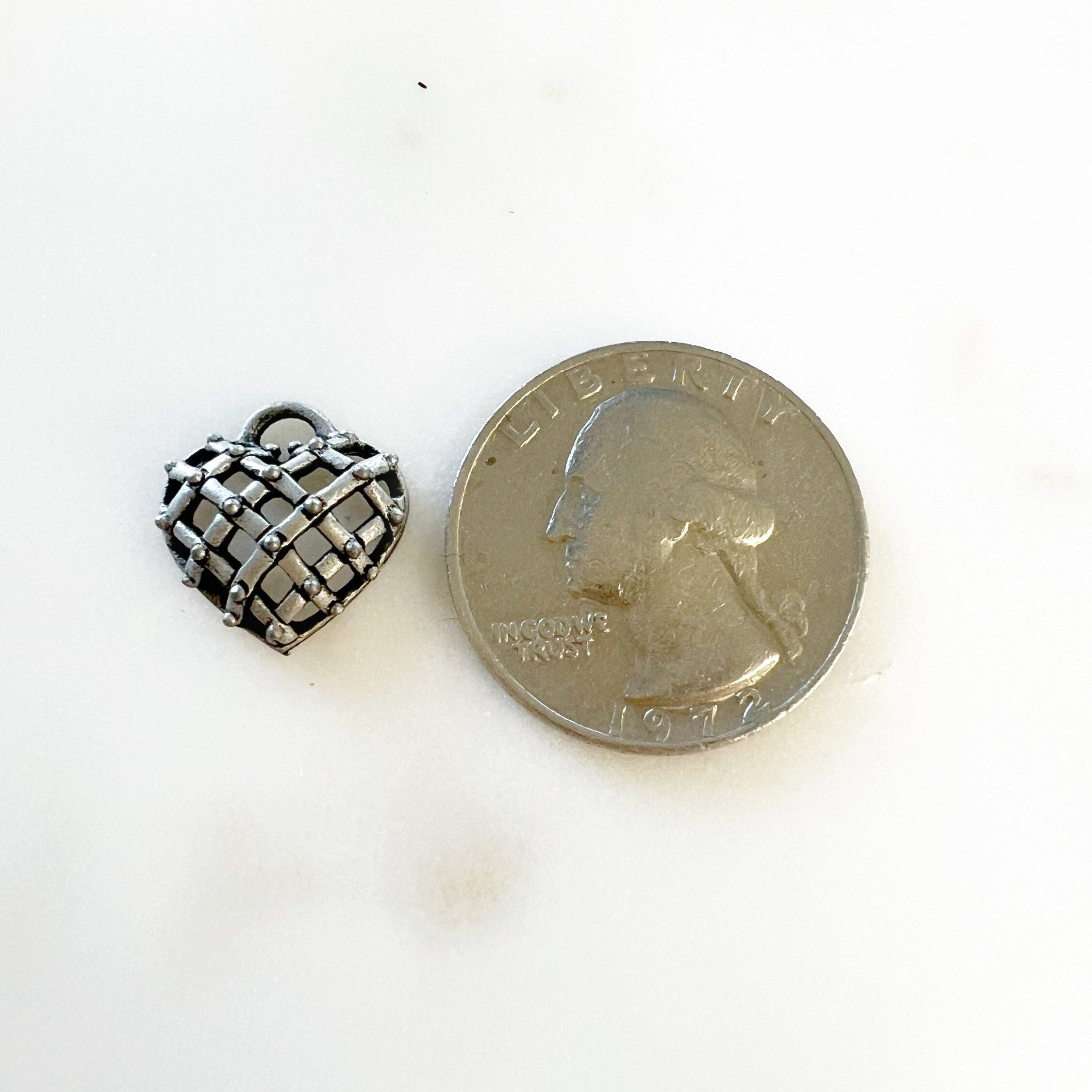 Pewter Basket Weave Style Heart with Tiny Dots Hollow Domed