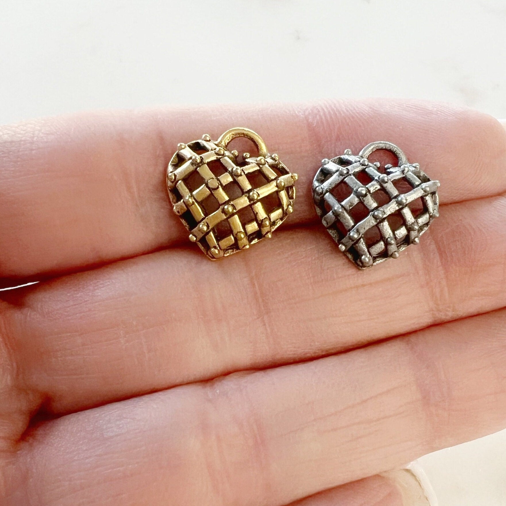 Pewter Basket Weave Style Heart with Tiny Dots Hollow Domed