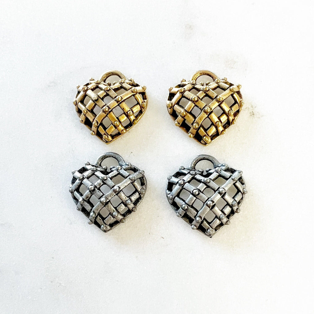 Pewter Basket Weave Style Heart with Tiny Dots Hollow Domed