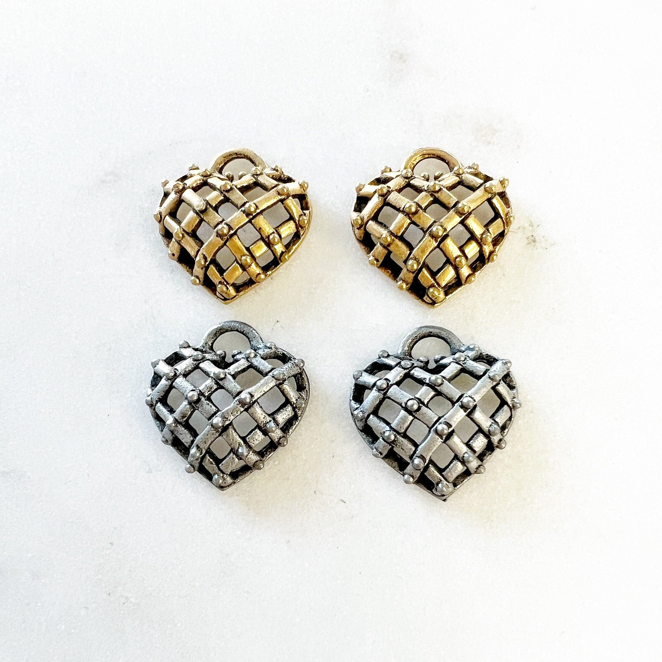 Pewter Basket Weave Style Heart with Tiny Dots Hollow Domed