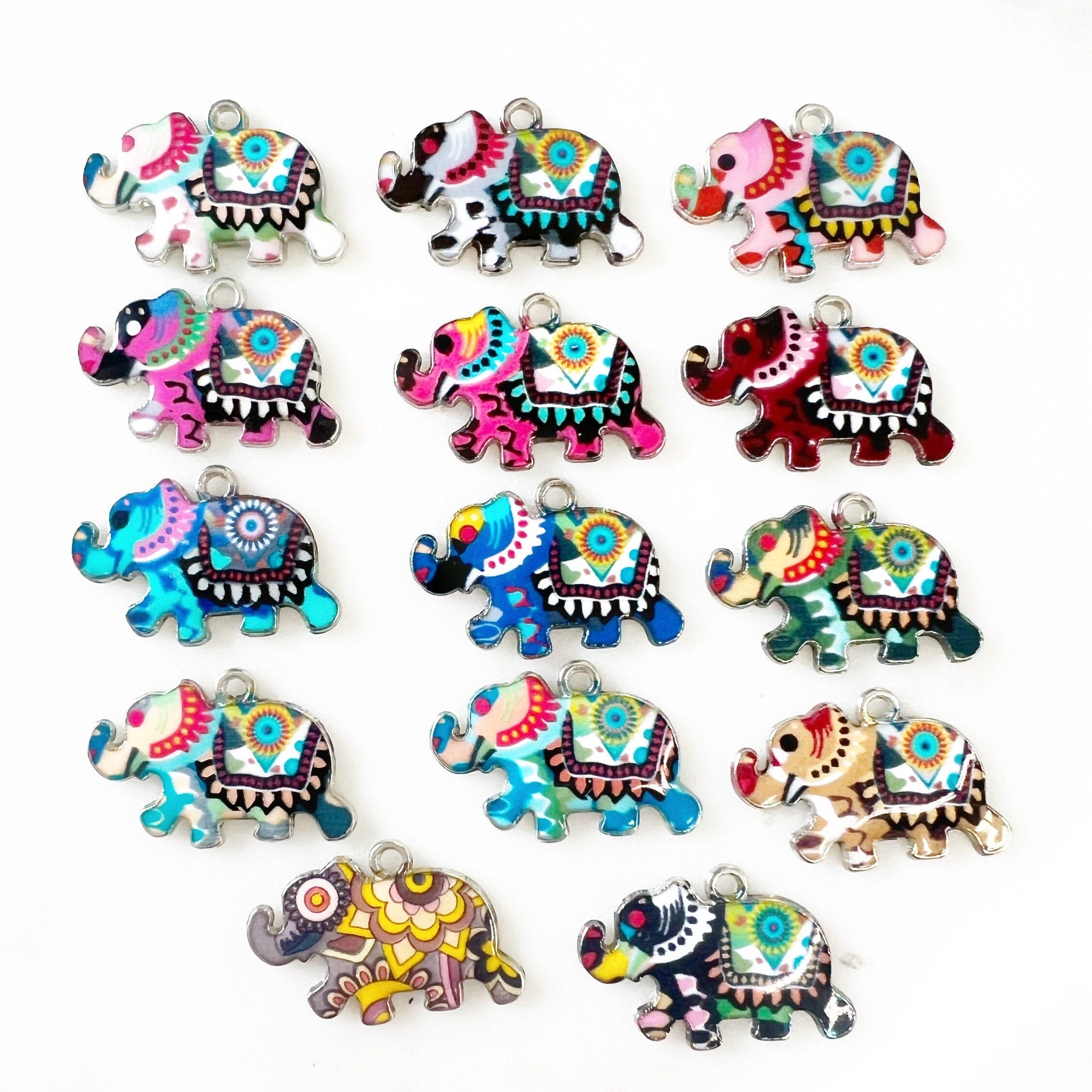 Base Metal Colorful Detailed Elephant Charm Silver Plated Enamel