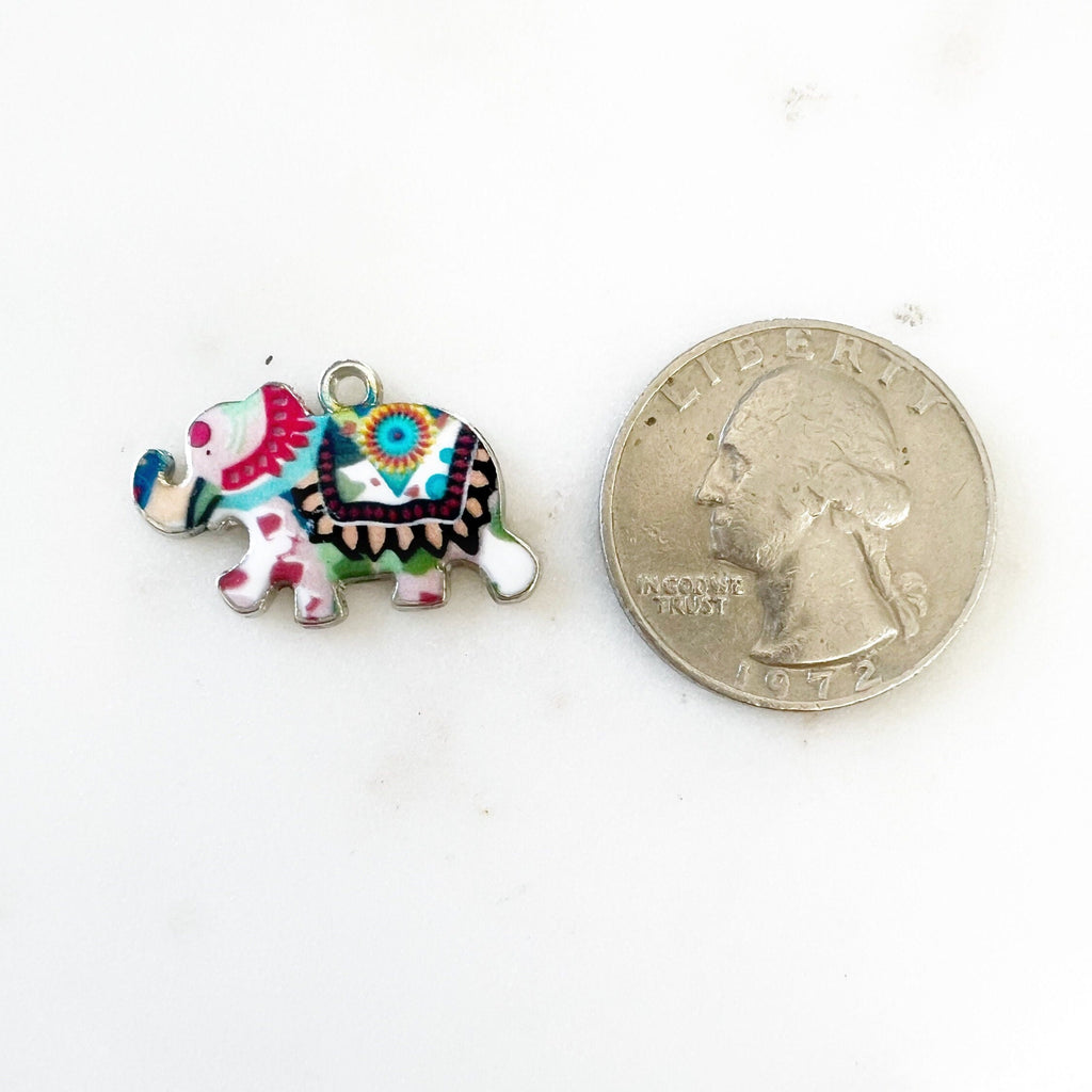 Base Metal Colorful Detailed Elephant Charm Silver Plated Enamel