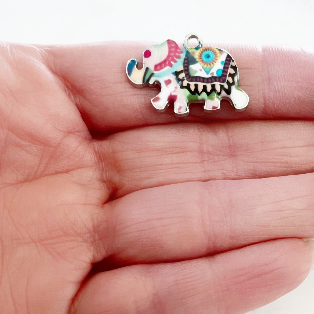 Base Metal Colorful Detailed Elephant Charm Silver Plated Enamel