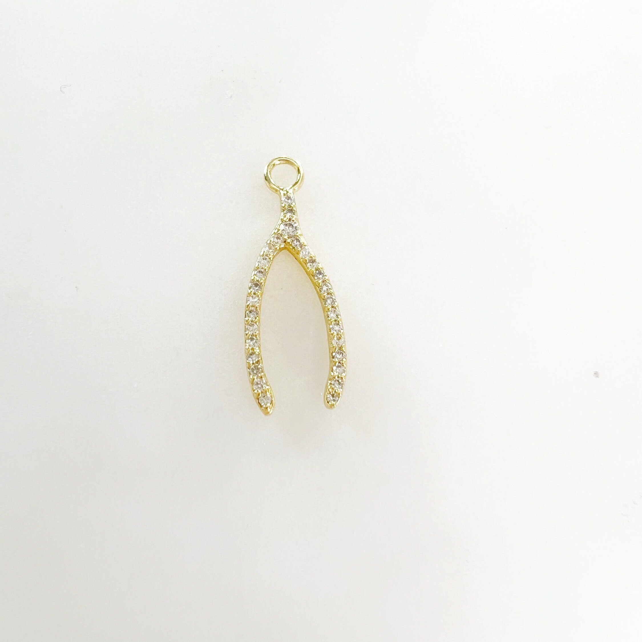 Gold Plated Narrow Wishbone Luck Charm Lucky Charm with CZ Pendant