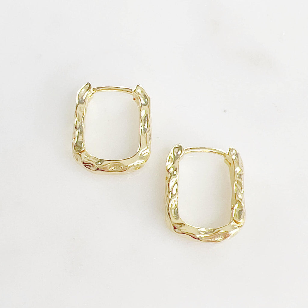 Gold Plated Textured Hammered Rounded Square Hoops Semi Thick (2pc)