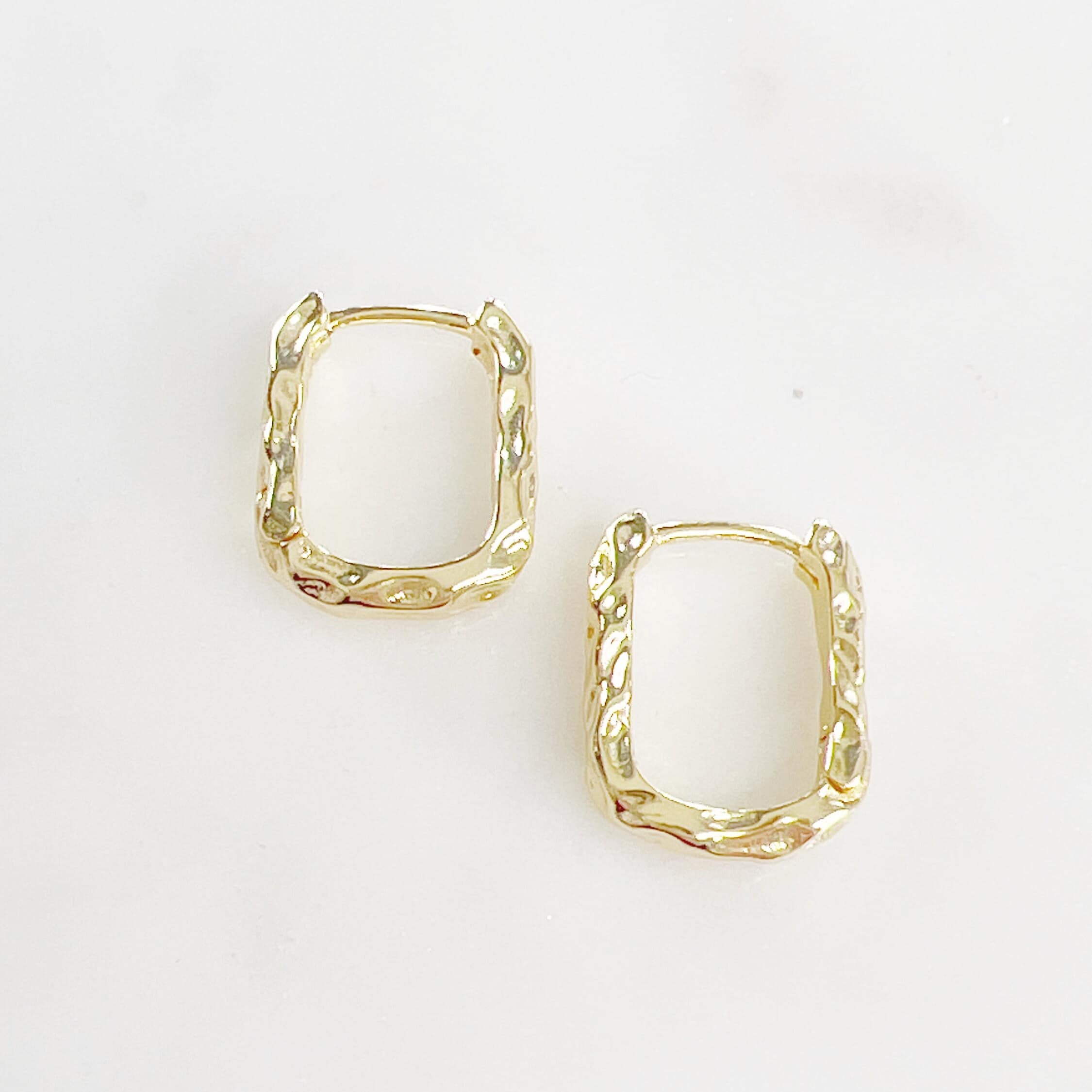 Gold Plated Textured Hammered Rounded Square Hoops Semi Thick (2pc)