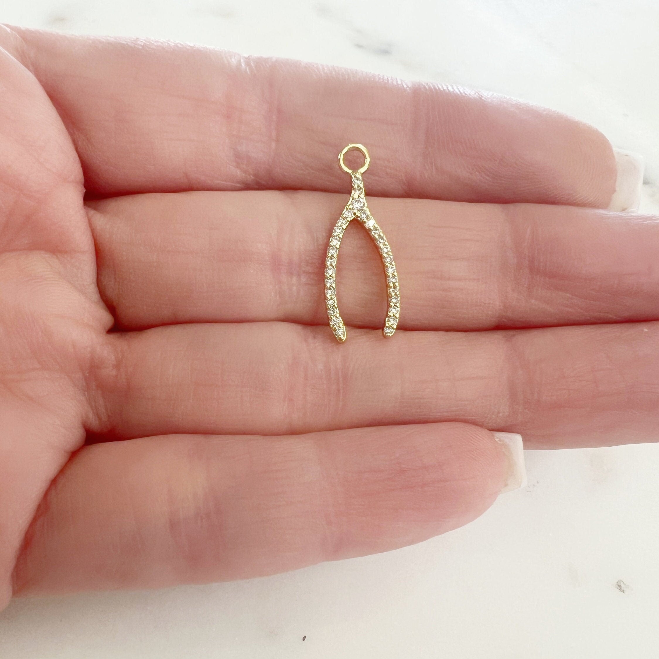 Gold Plated Narrow Wishbone Luck Charm Lucky Charm with CZ Pendant