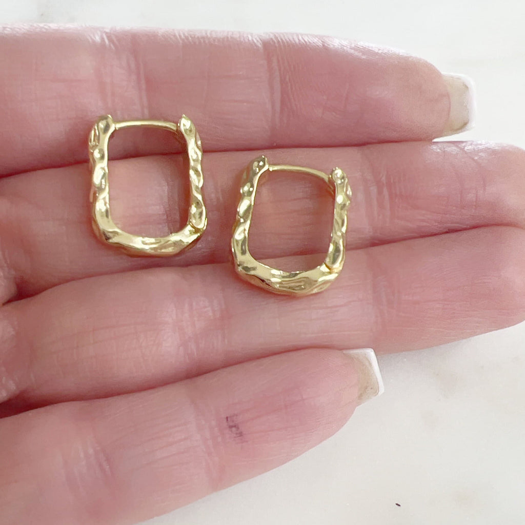 Gold Plated Textured Hammered Rounded Square Hoops Semi Thick (2pc)