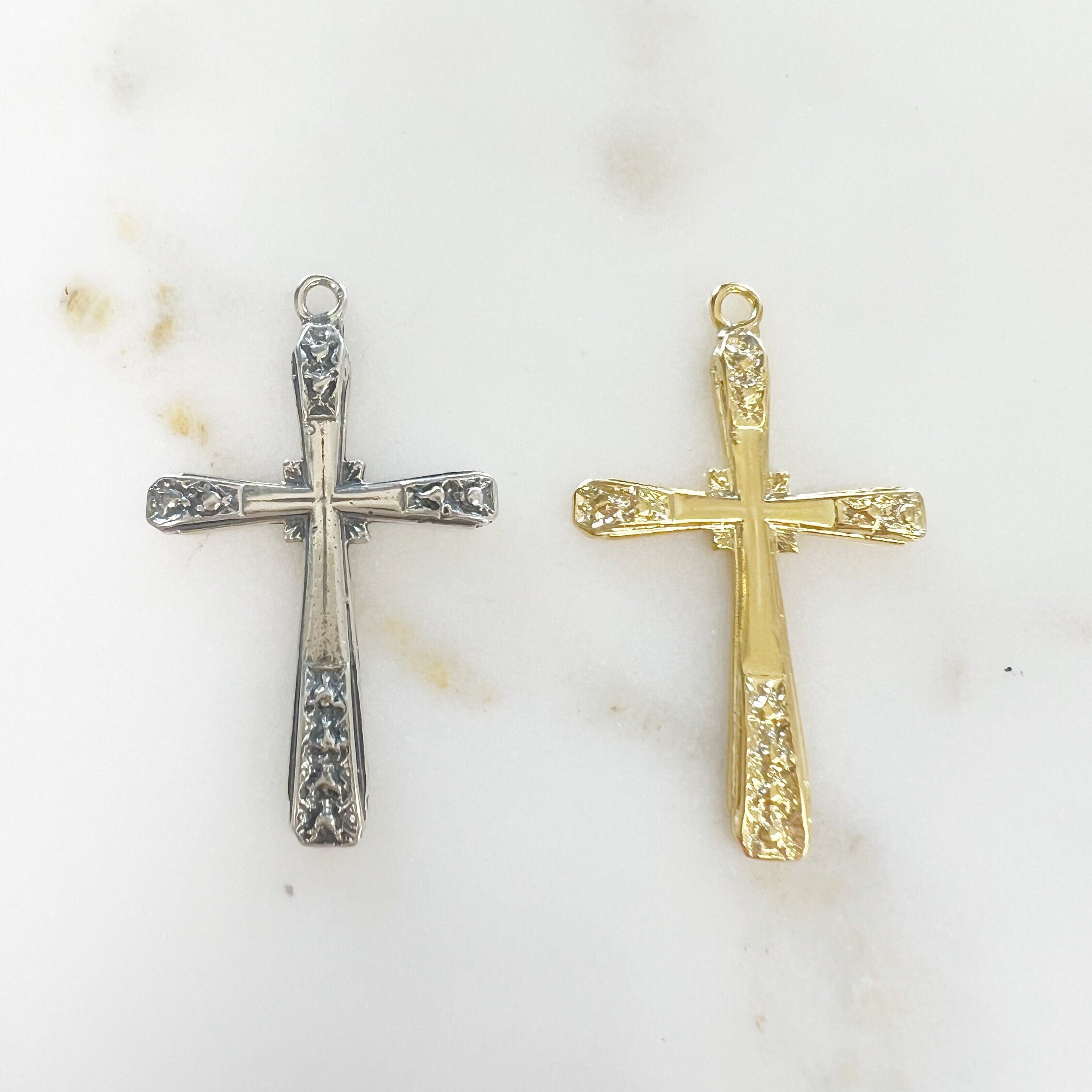 Sterling Silver or Vermeil or Large Fancy Edged Cross Charm Pendant Religious