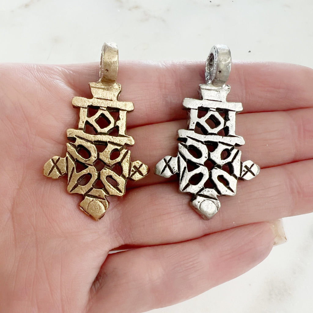 Pewter Detailed Cross Charm Antique Gold Antique Silver