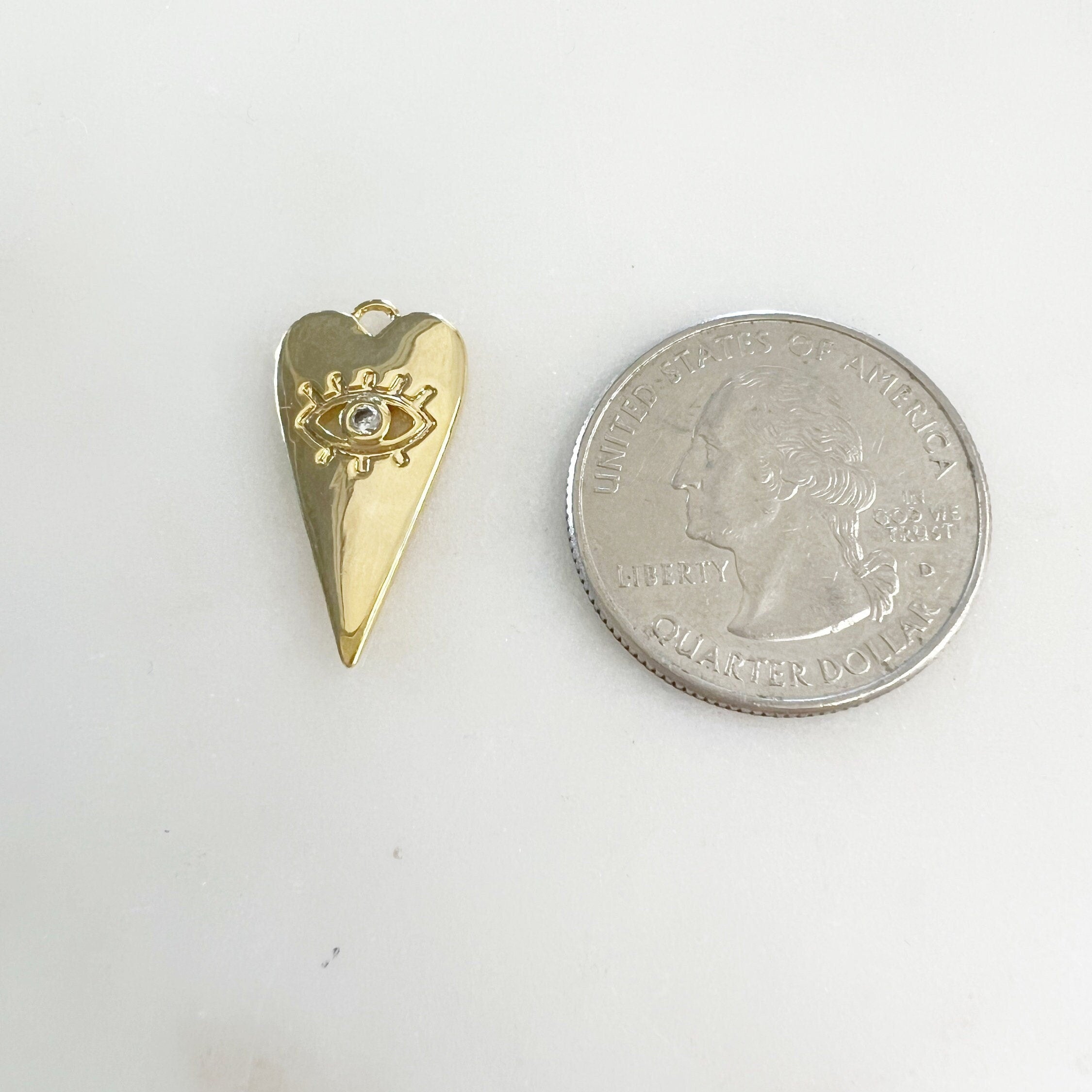 Gold Plated or Brass Long Heart Shape Evil Eye Pave CZ Protection Charm