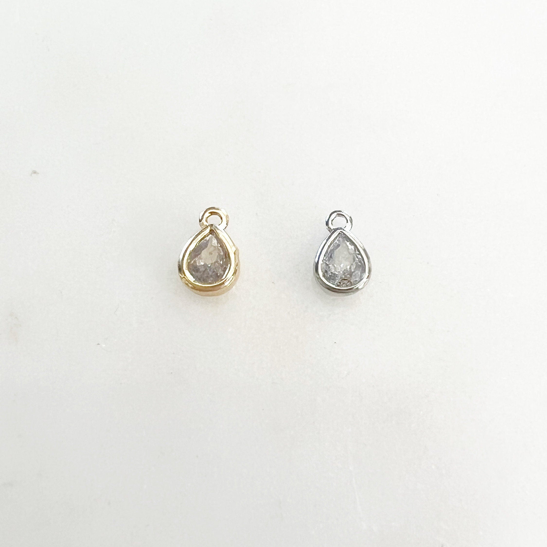 Gold Plated or Rhodium Plated Tiny Tear Drop Cubic Zirconia Stone Charm Tiny