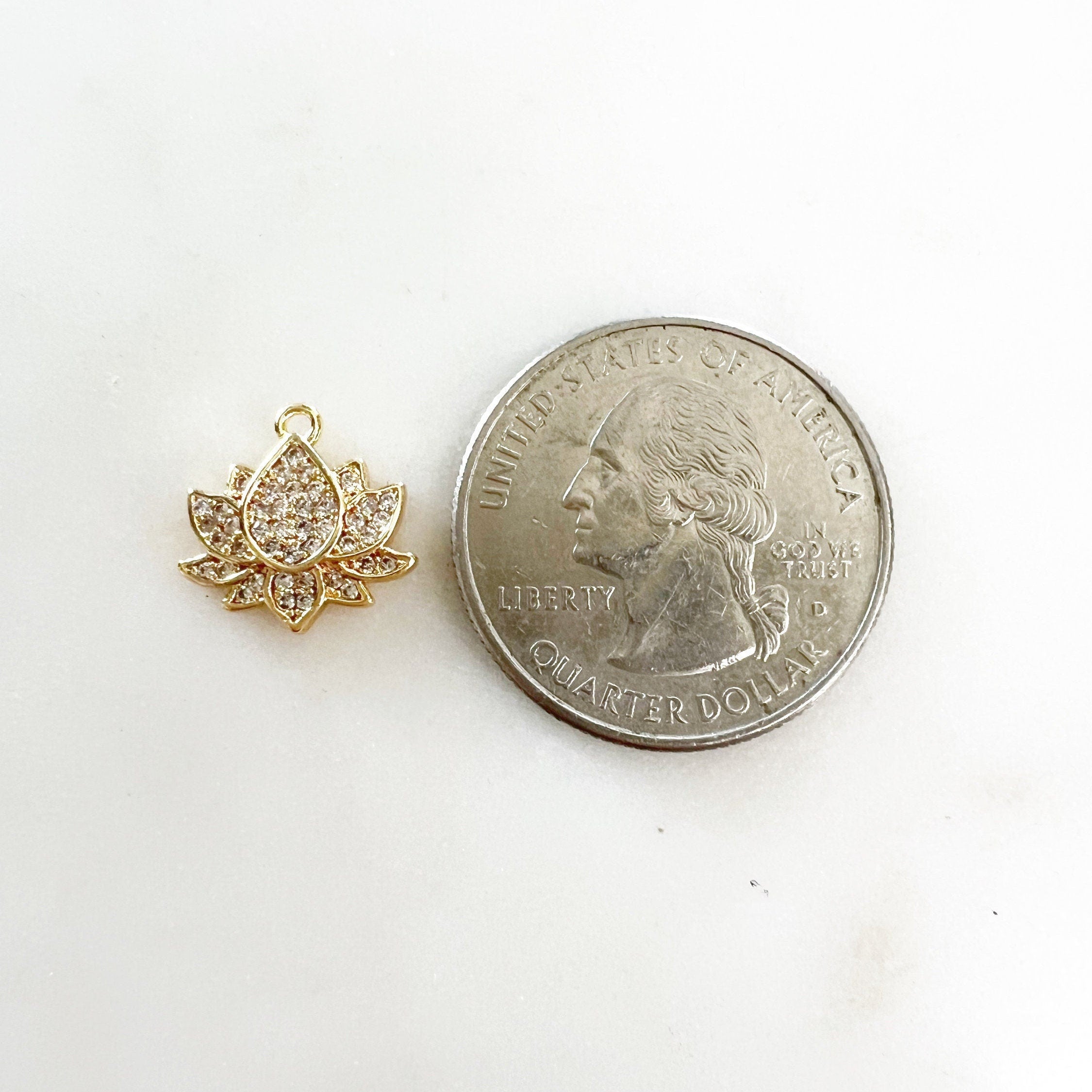 Gold Plated Pave CZ Cubic Zirconia Lotus Charm Nature Healing