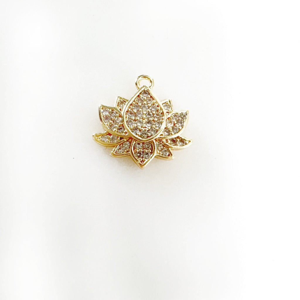 Gold Plated Pave CZ Cubic Zirconia Lotus Charm Nature Healing