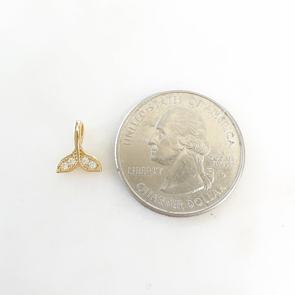 Gold Plated Small Mini Whale Tail Pave Cubic Zirconia Charm Ocean