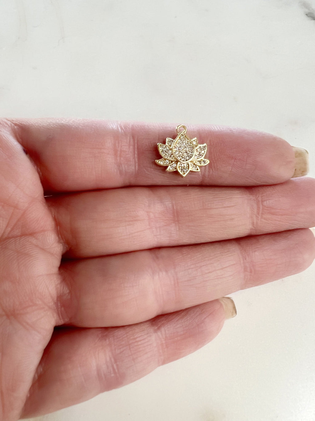 Gold Plated Pave CZ Cubic Zirconia Lotus Charm Nature Healing