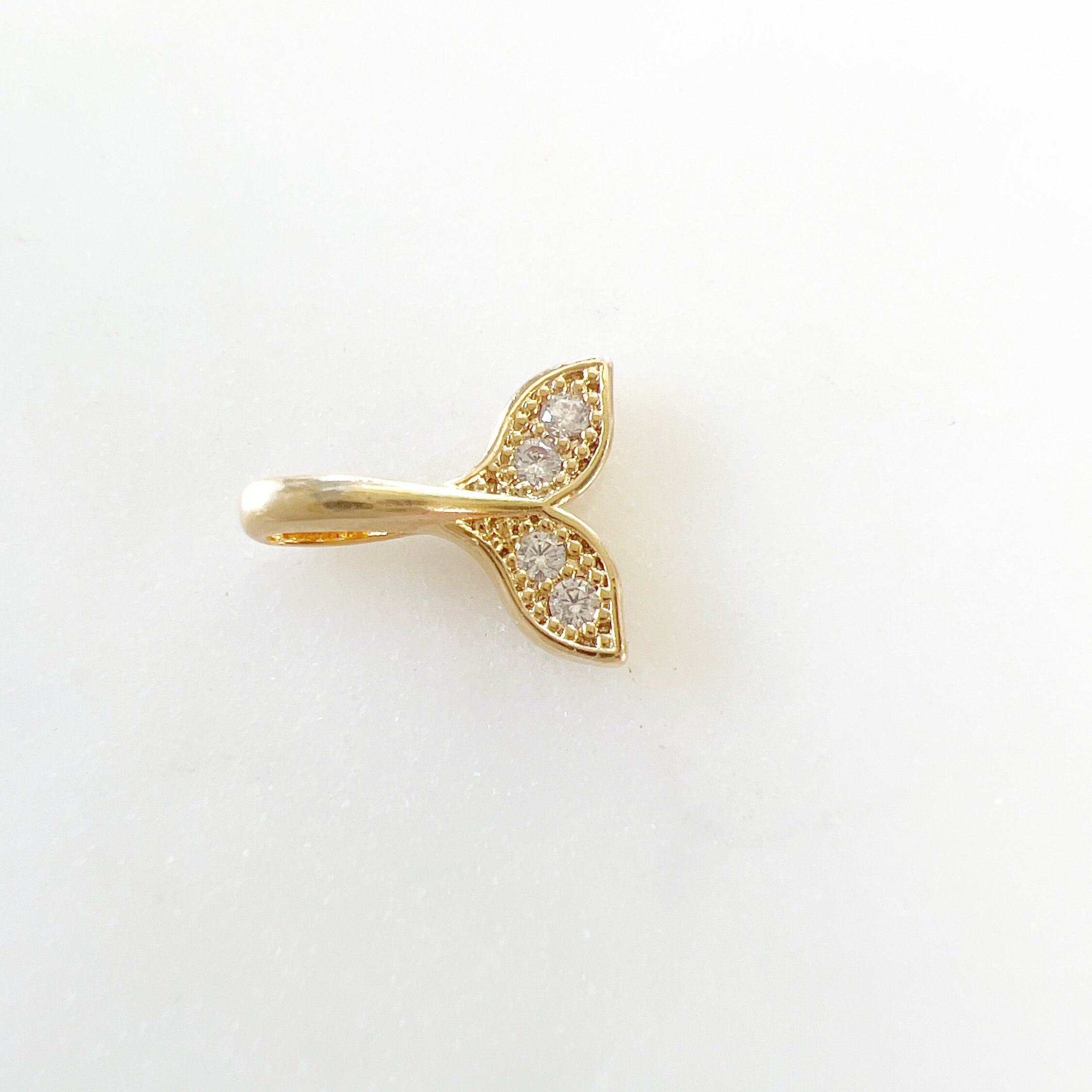Gold Plated Small Mini Whale Tail Pave Cubic Zirconia Charm Ocean