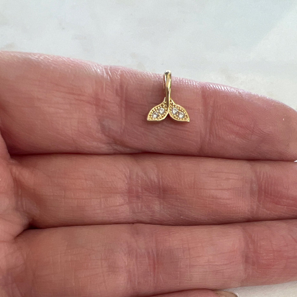 Gold Plated Small Mini Whale Tail Pave Cubic Zirconia Charm Ocean