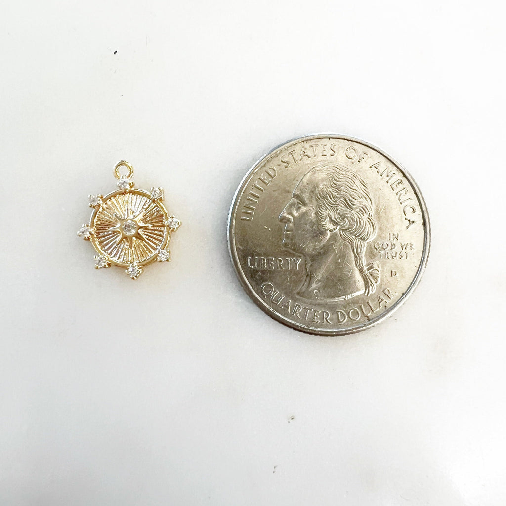 Gold Plated or Brass Dainty Sun Dial Disc Compass Cubic Zirconia Charm – Gold