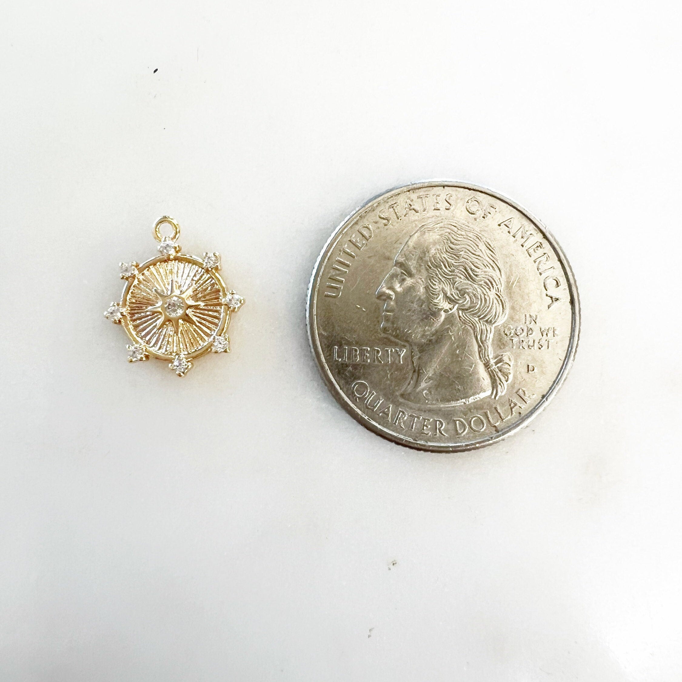 Gold Plated or Brass Dainty Sun Dial Disc Compass Cubic Zirconia Charm – Gold