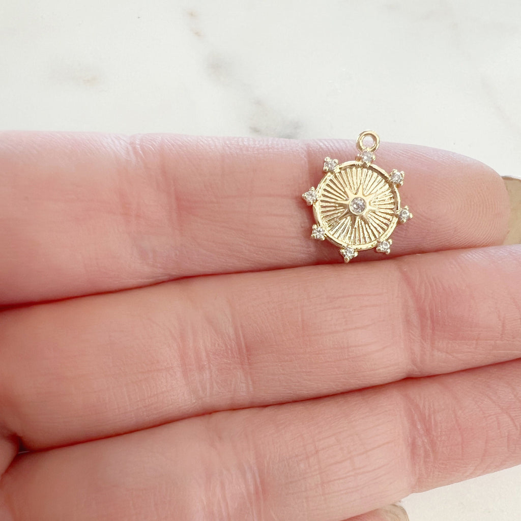 Gold Plated or Brass Dainty Sun Dial Disc Compass Cubic Zirconia Charm