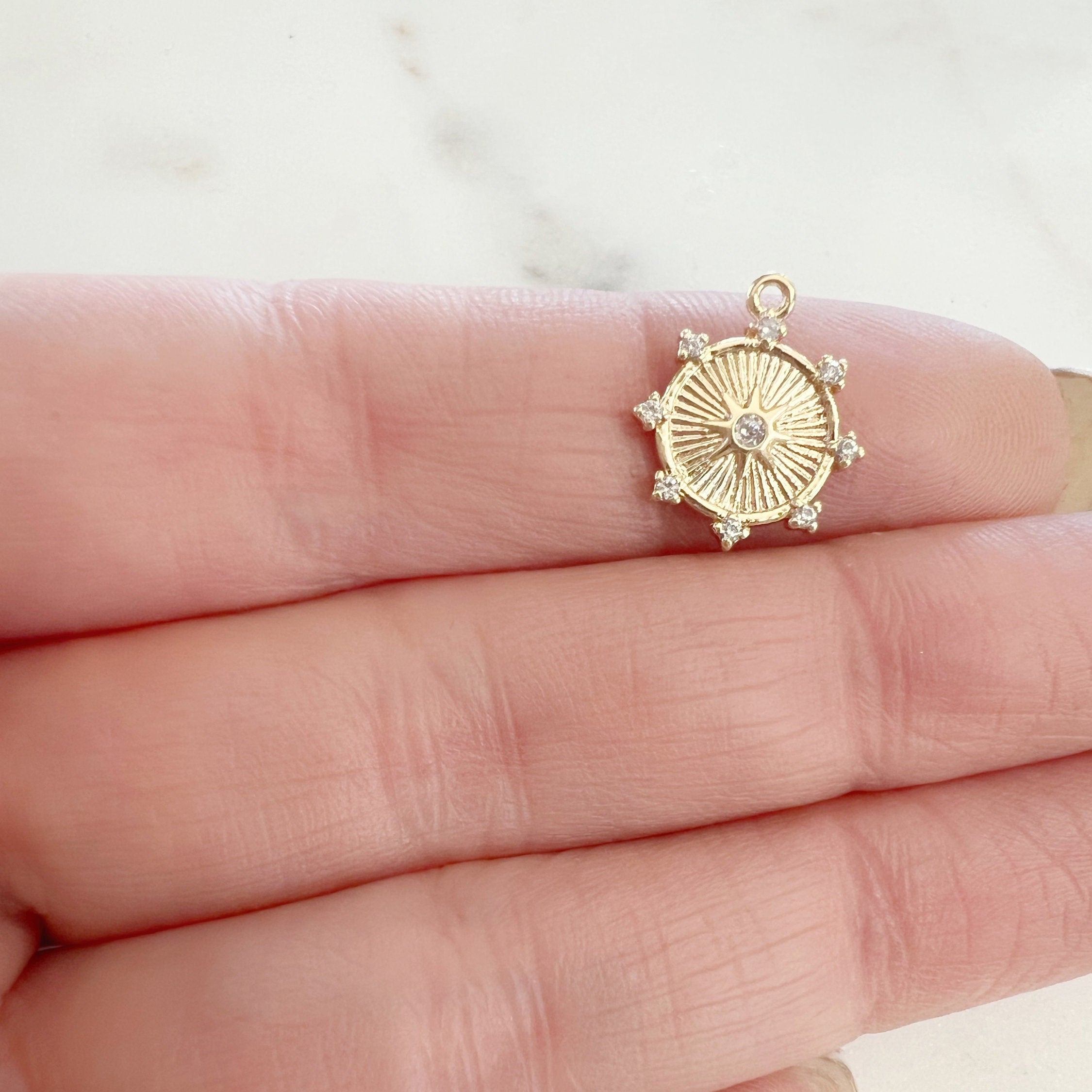 Gold Plated or Brass Dainty Sun Dial Disc Compass Cubic Zirconia Charm