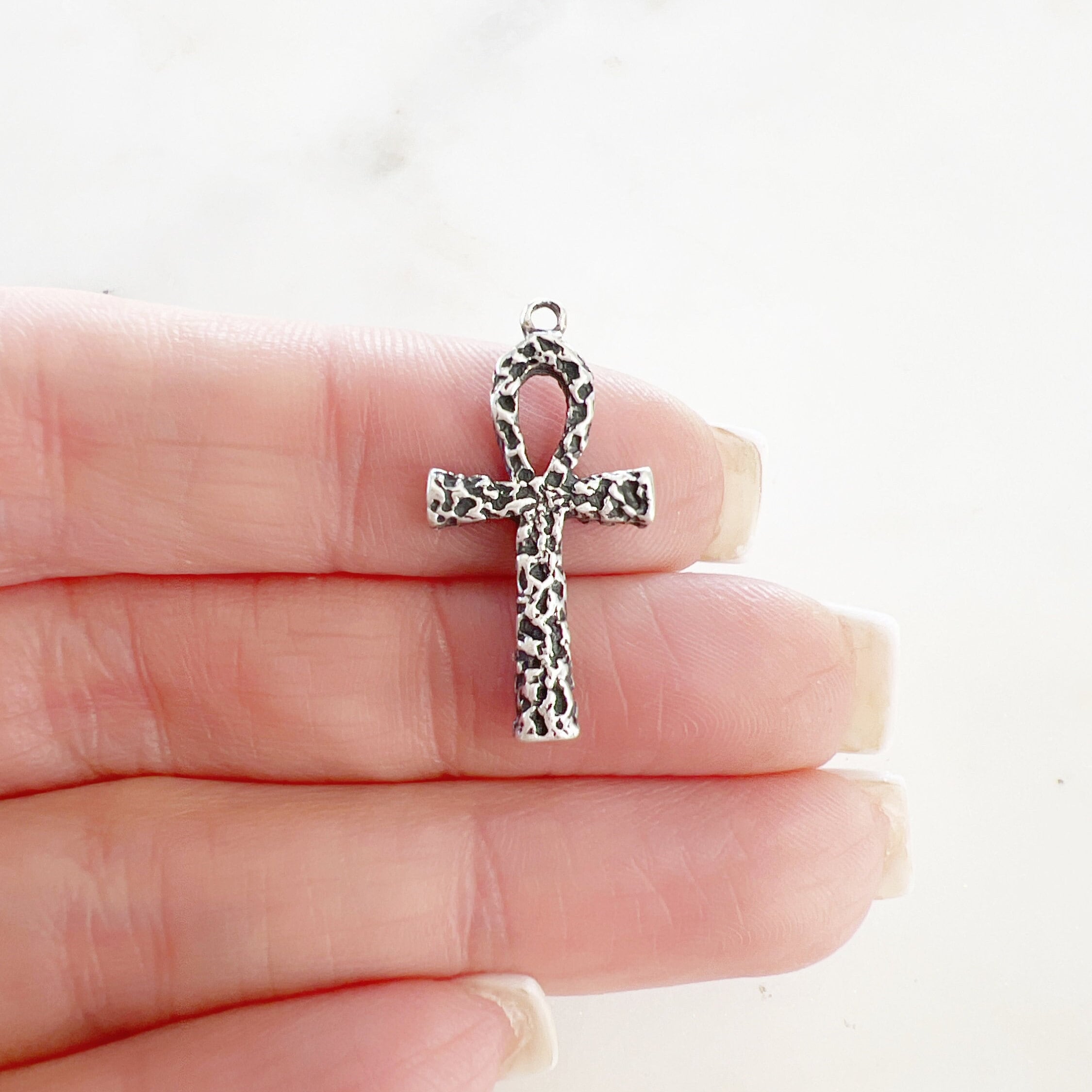 Sterling Silver Hammered Textured Egyptian Ankh Life Charm Pendant
