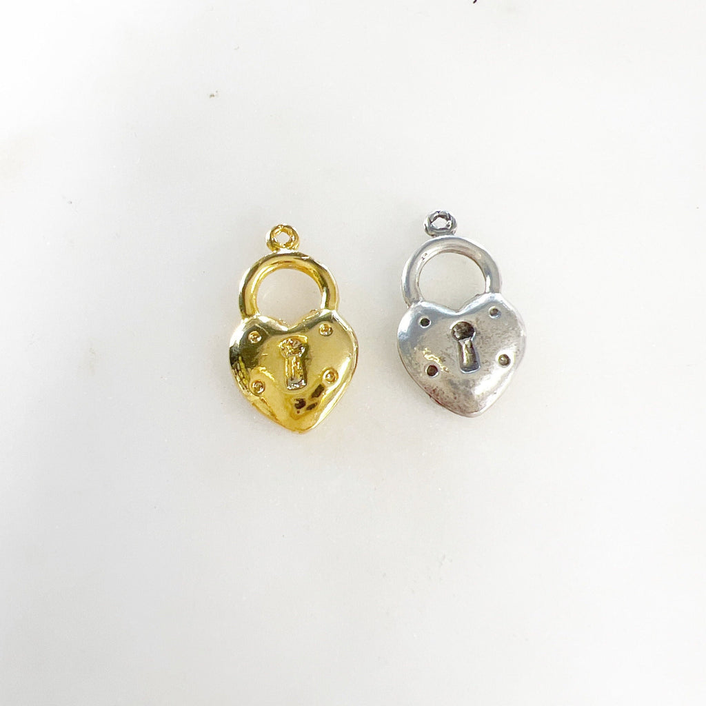 Sterling Silver or Vermeil Heart with Lock Charm in or Love Valentines Day