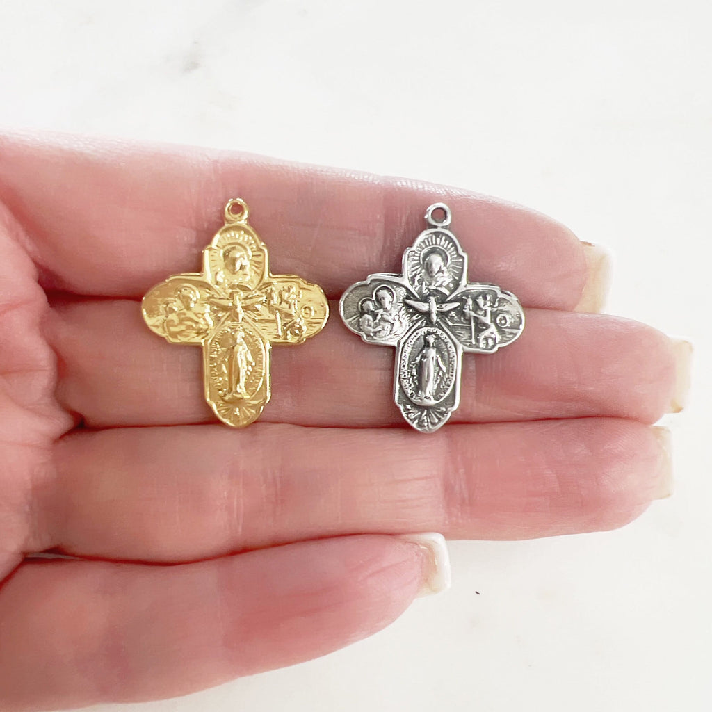 Sterling Silver or Vermeil or Large 4-Way Scapular Medal Cross Charm Pendant