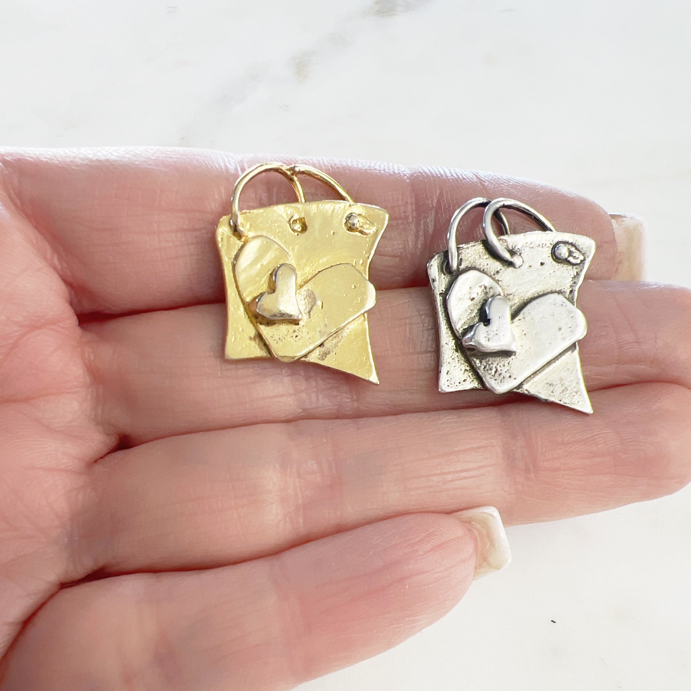 9mmx8mm Sterling Silver or Vermeil or Stitched Design Heart Charm Pendant