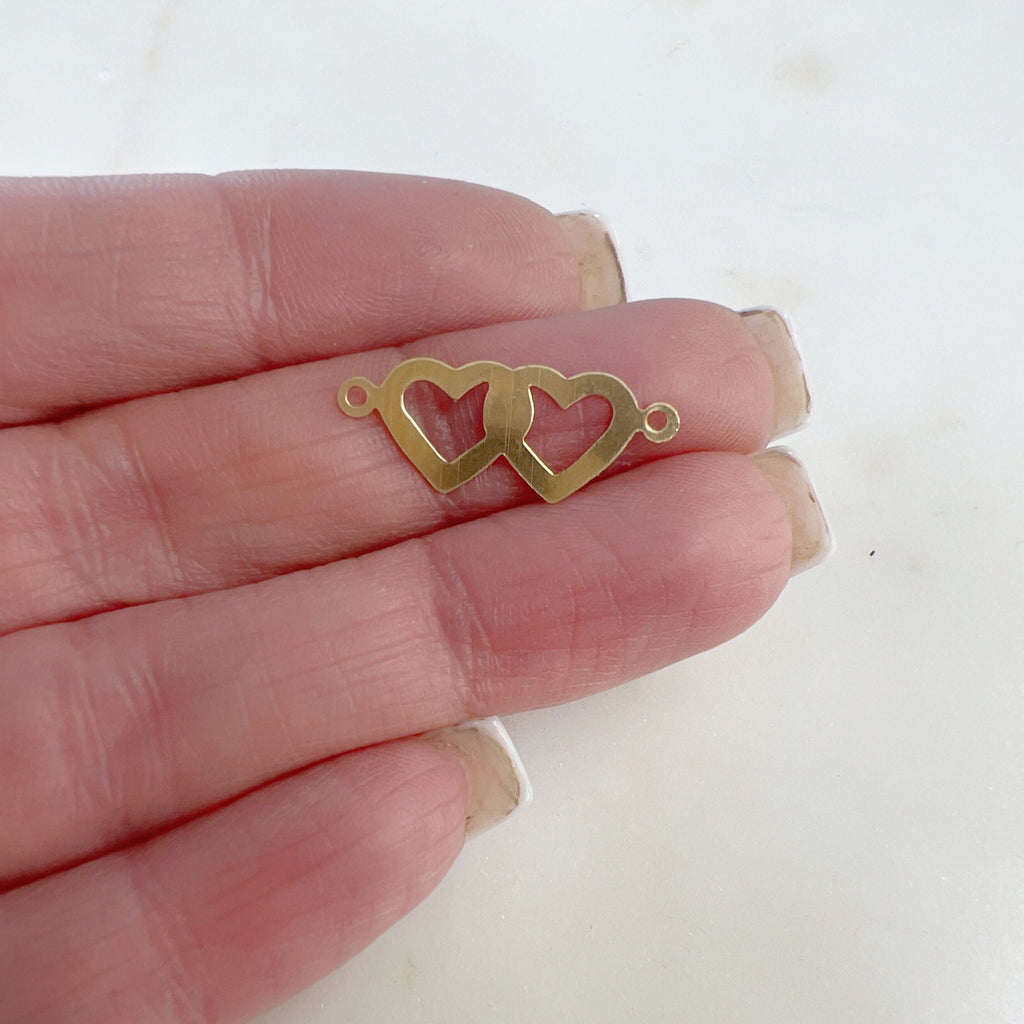 Sterling Silver or 14K Gold Filled 2 Loop Dainty Double Flat Heart Charm
