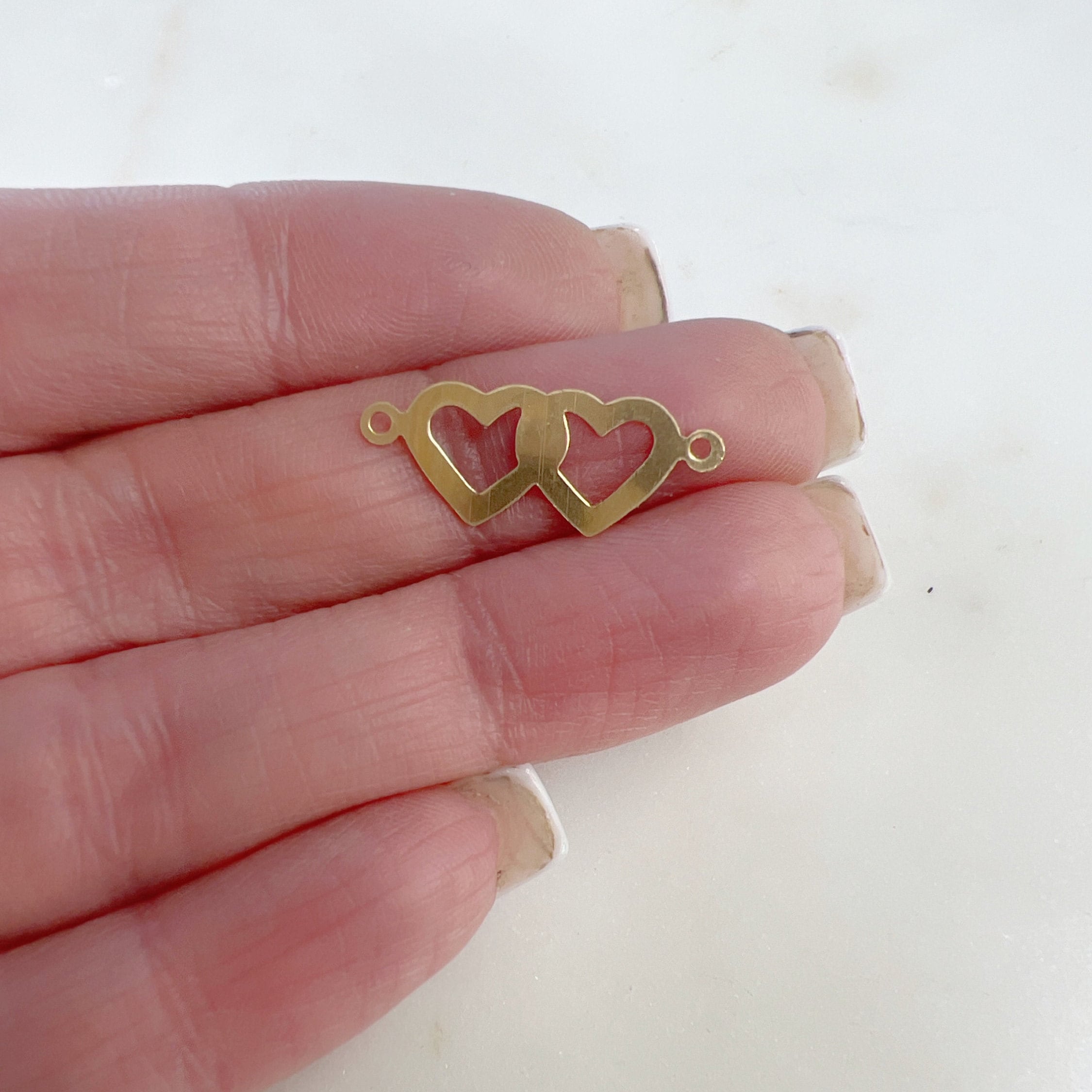 Sterling Silver or 14K Gold Filled 2 Loop Dainty Double Flat Heart Charm