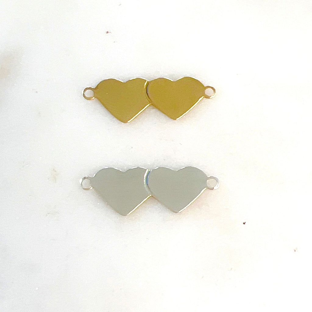 Sterling Silver or 14K Gold Filled 2 Loop Dainty Double Heart Flat Connector