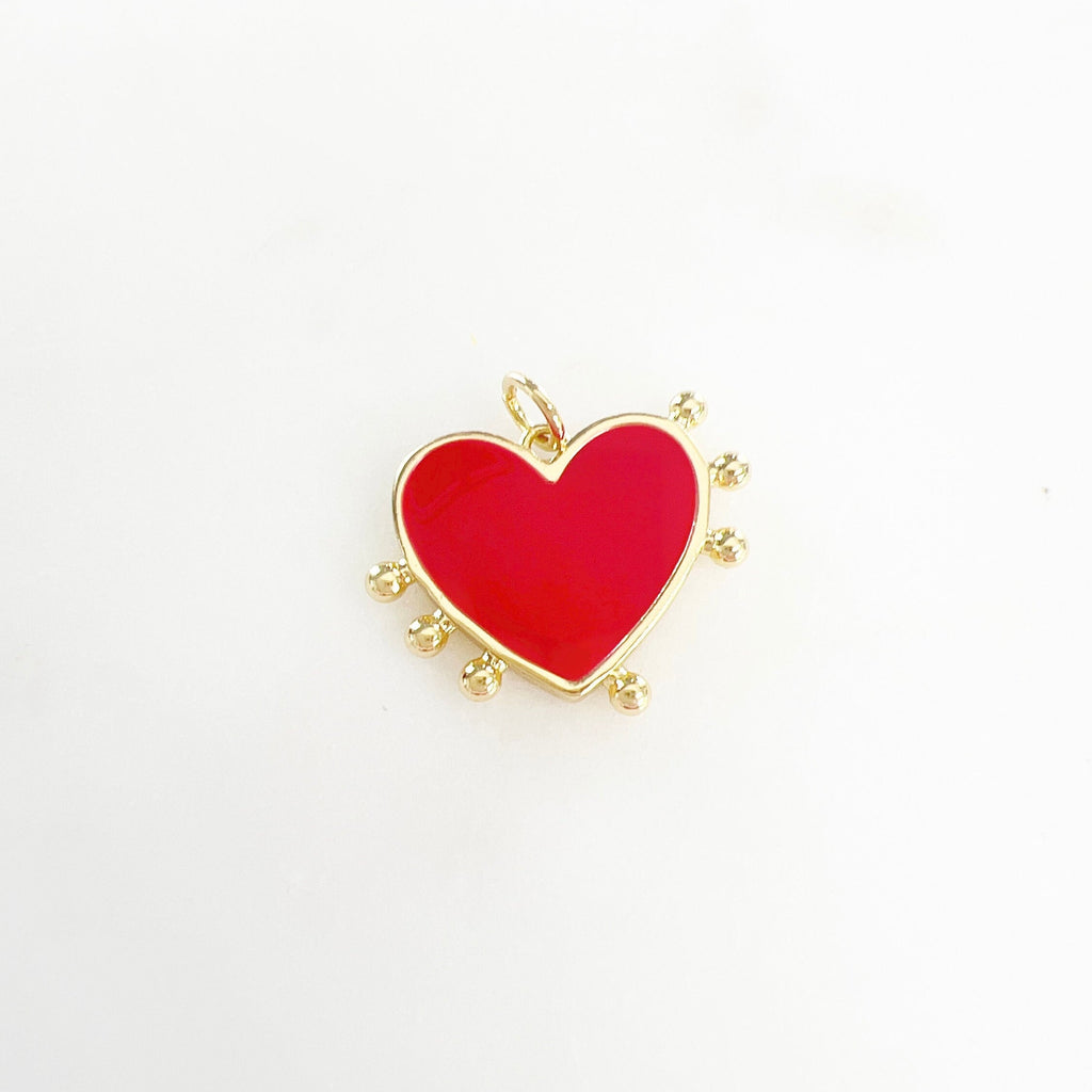 Gold Plated Red Enamel Heart Dotted Beaded Edge Charm Valentine's